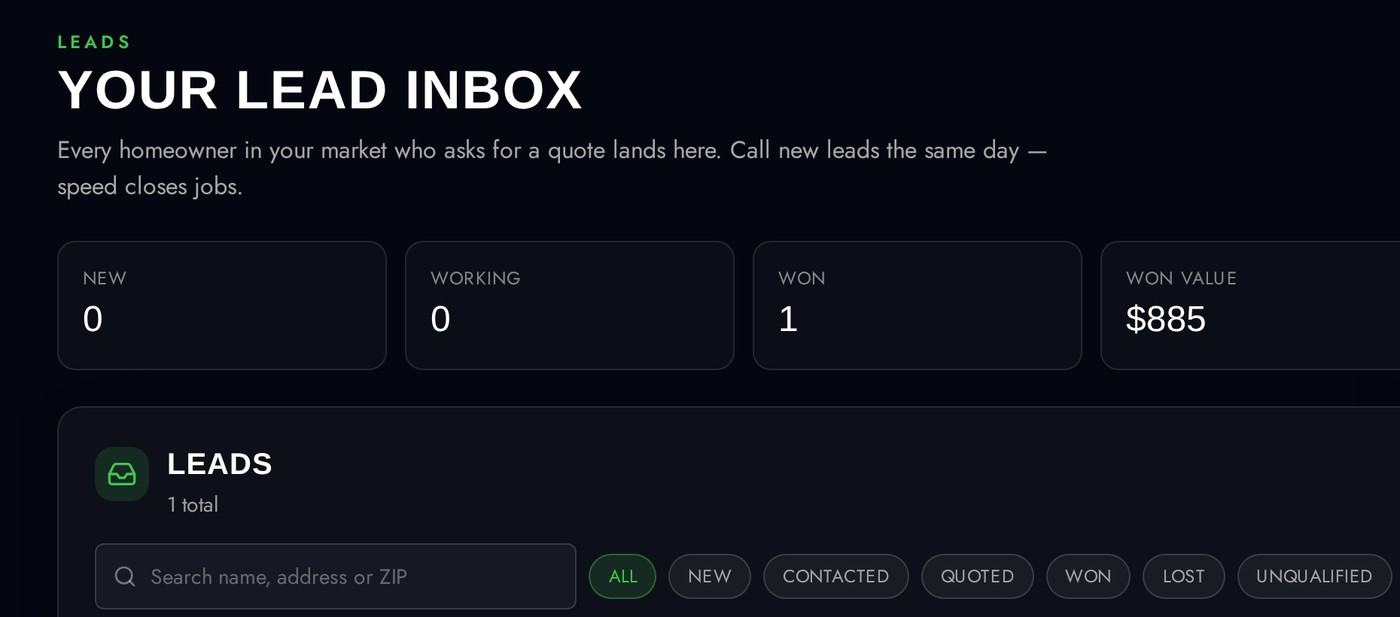 Real screenshot of the operator lead inbox with lead statuses