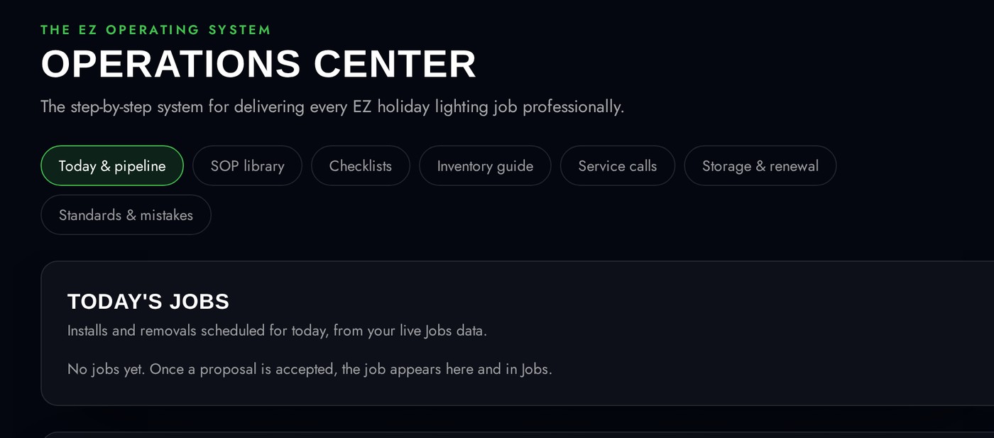 Real screenshot of the Operations Center job workflow and scorecard