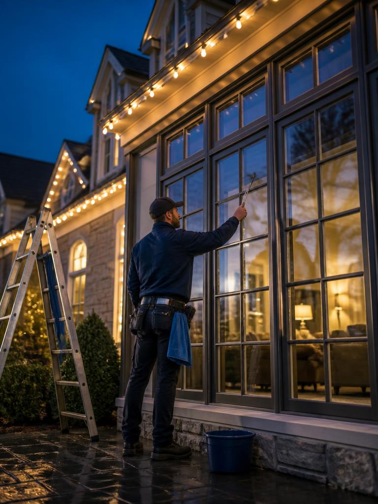 Window Cleaners installing professional holiday lighting