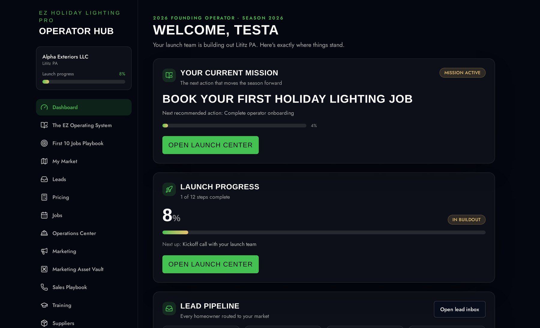 Real screenshot of the EZ Holiday Lighting Pro Operator Hub dashboard showing current mission, launch progress and lead pipeline