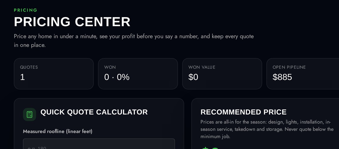 Real screenshot of the Pricing Center quick quote calculator