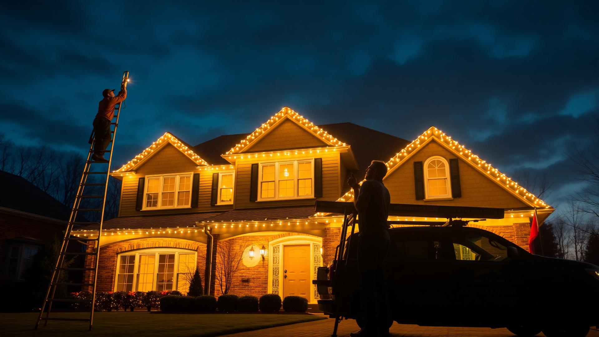 EZ Holiday Lighting Pro crew finishing a luxury home fully decorated with warm-white Christmas lights at night