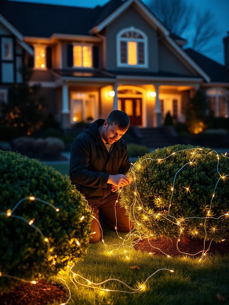 Landscapers installing professional holiday lighting