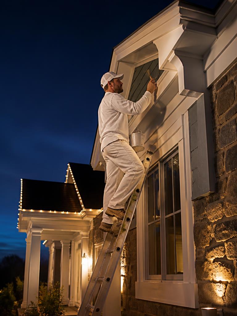 Painters installing professional holiday lighting