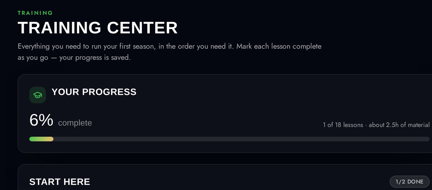 Real screenshot of the Training Center lesson progress