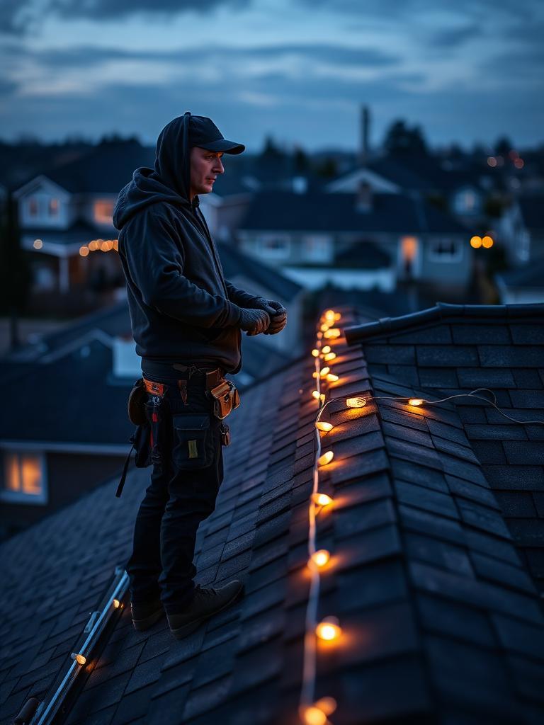 Roofers installing professional holiday lighting