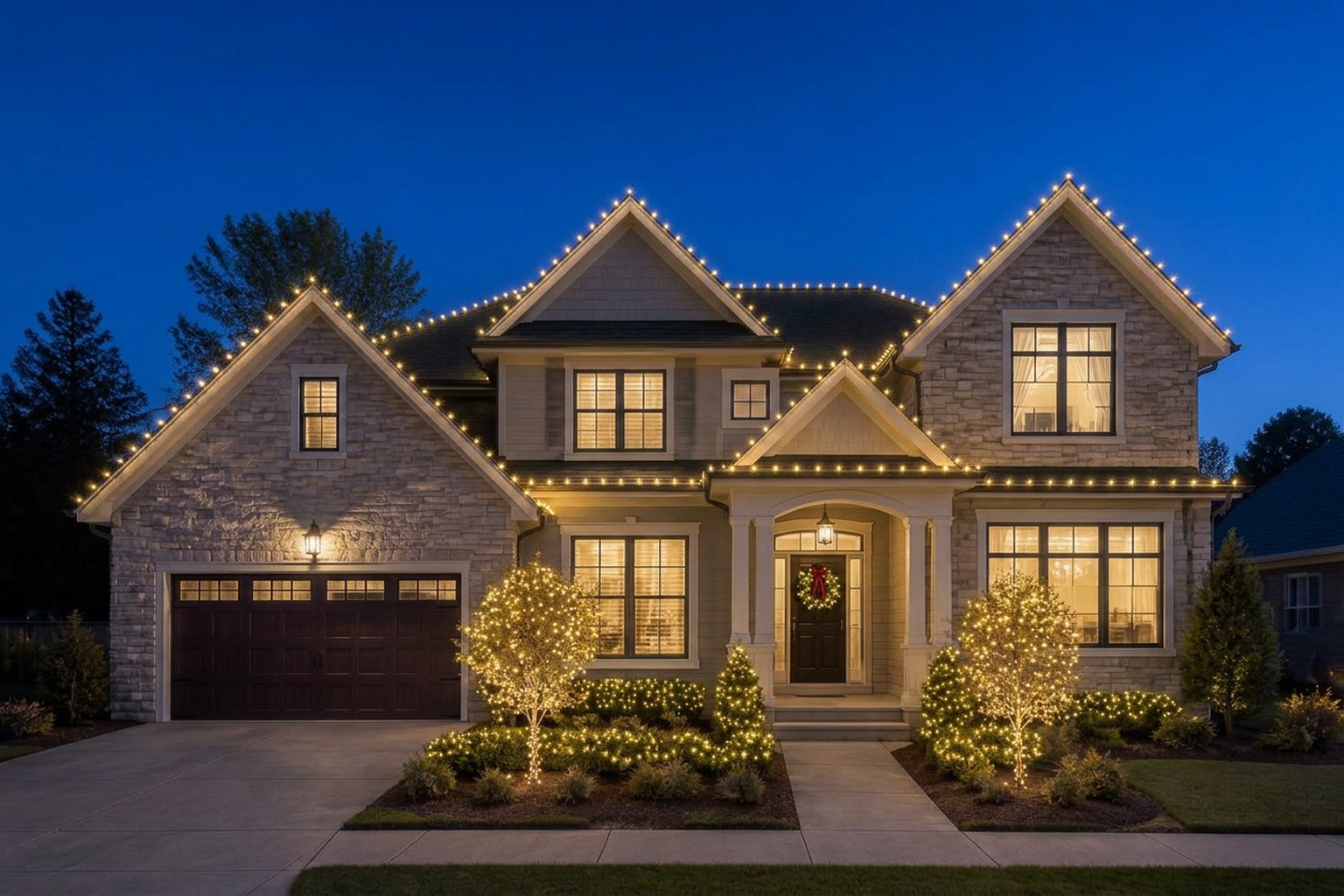 The same home with professional warm white roofline lighting, lit shrubs, wrapped trees and a door wreath