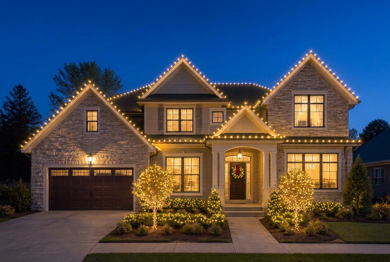 The same home with professional warm white roofline lighting, lit shrubs, wrapped trees and a door wreath