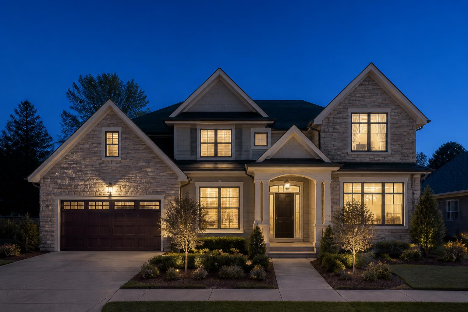 Two-story stone and siding suburban home photographed straight-on at blue hour with no holiday lighting