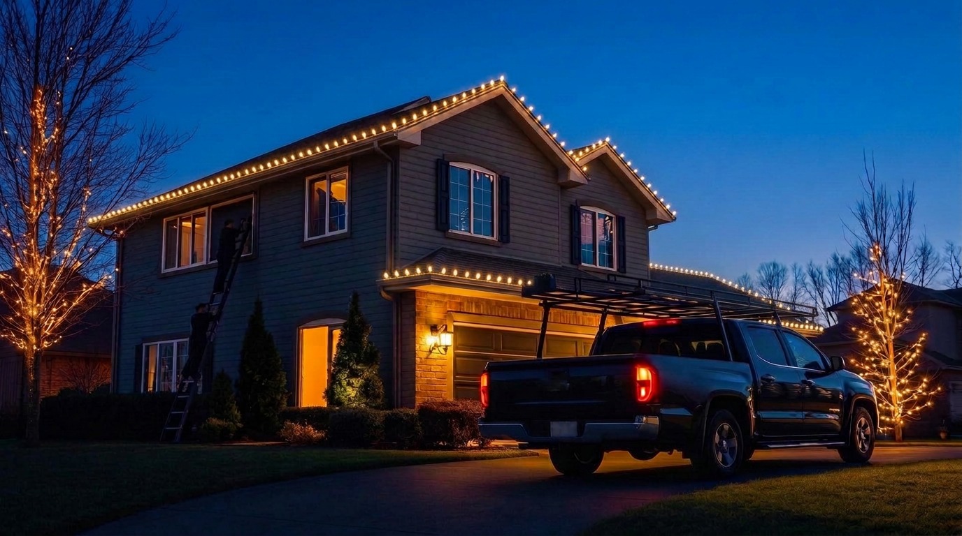 Professional installers hanging warm-white Christmas lights on an upscale home at dusk beside a contractor truck