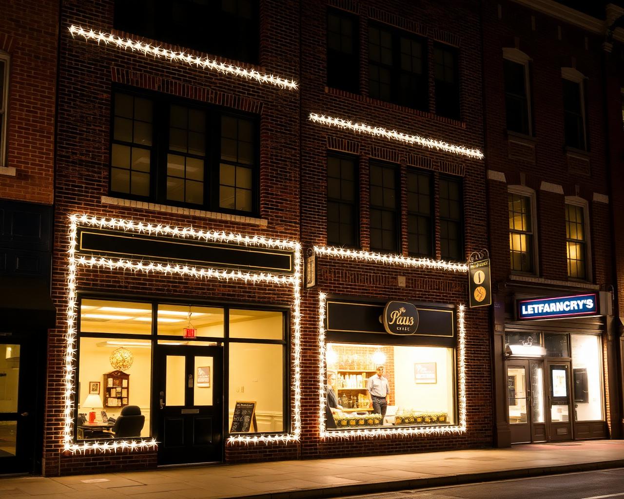 Brick commercial storefronts outlined with warm white holiday lighting