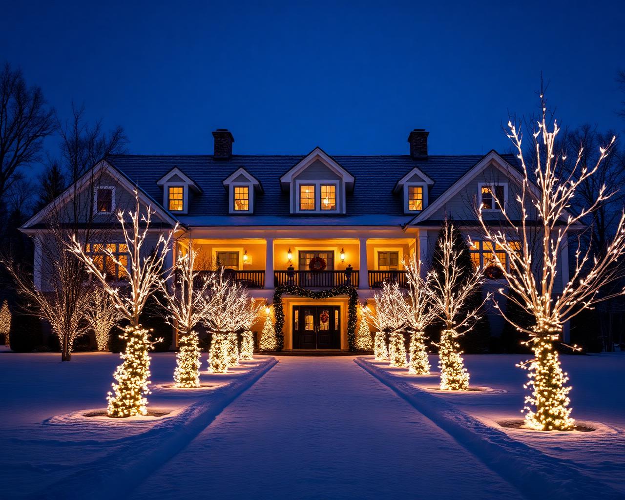 Large farmhouse estate with full architectural holiday lighting and wrapped trees