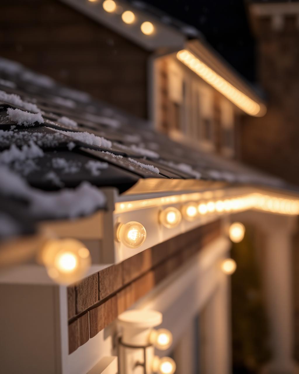 Warm white C9 bulbs clipped along the roofline of an upscale home at night