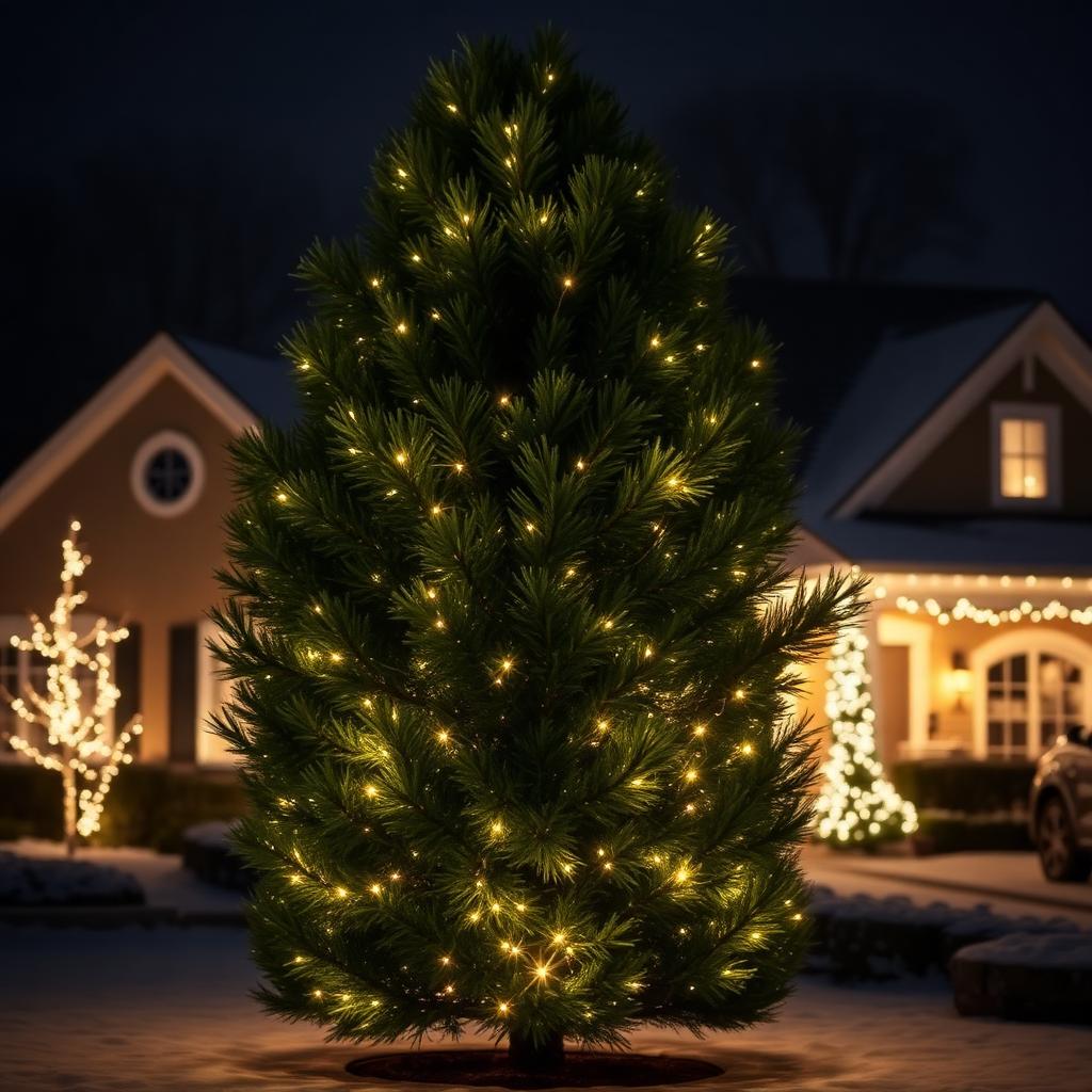 Evergreen tree wrapped in warm white holiday lights in a front yard