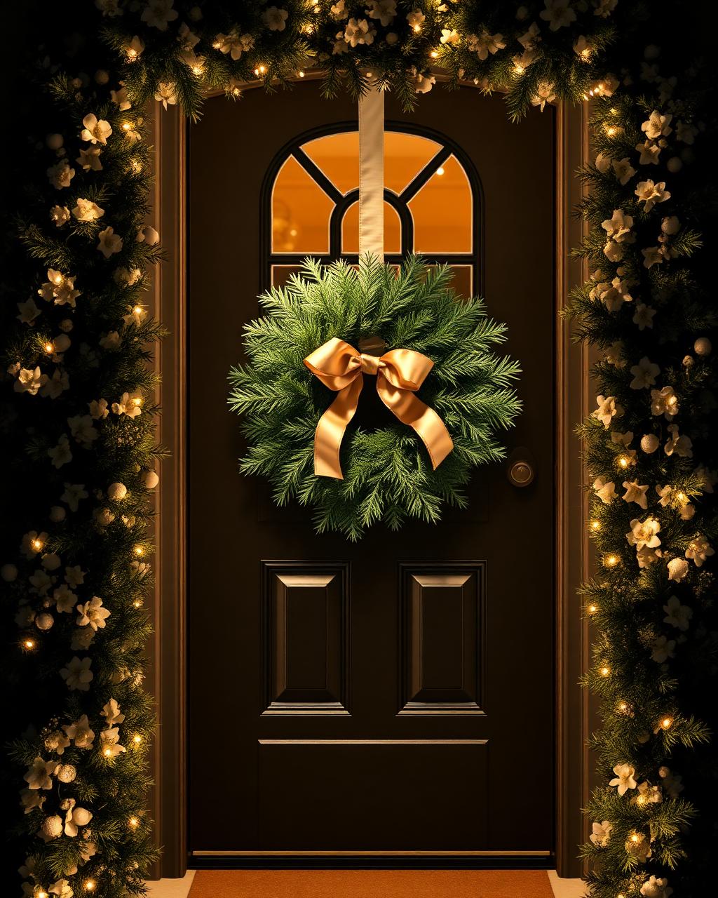Lit evergreen wreath with gold ribbon and garland framing a front entry
